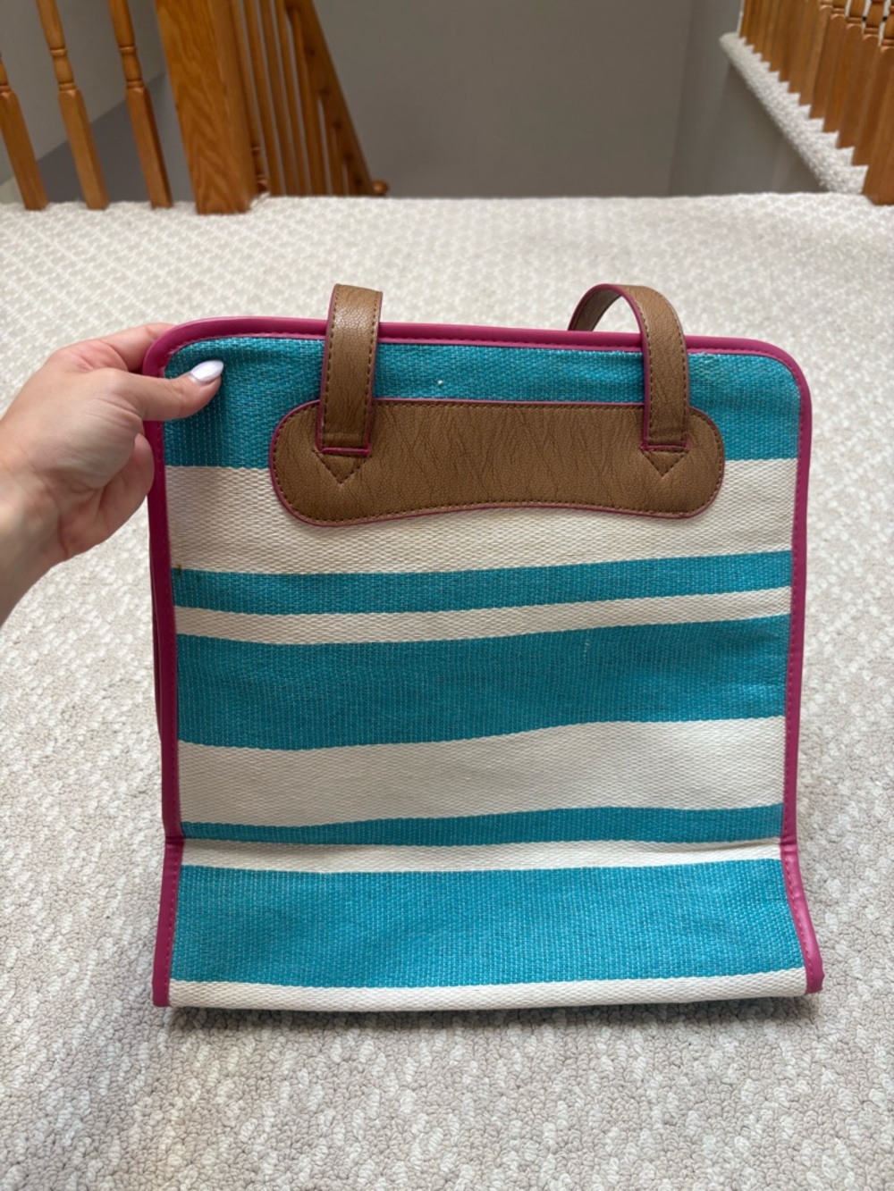 Neiman Marcus Turquoise, White & Pink Striped Tote